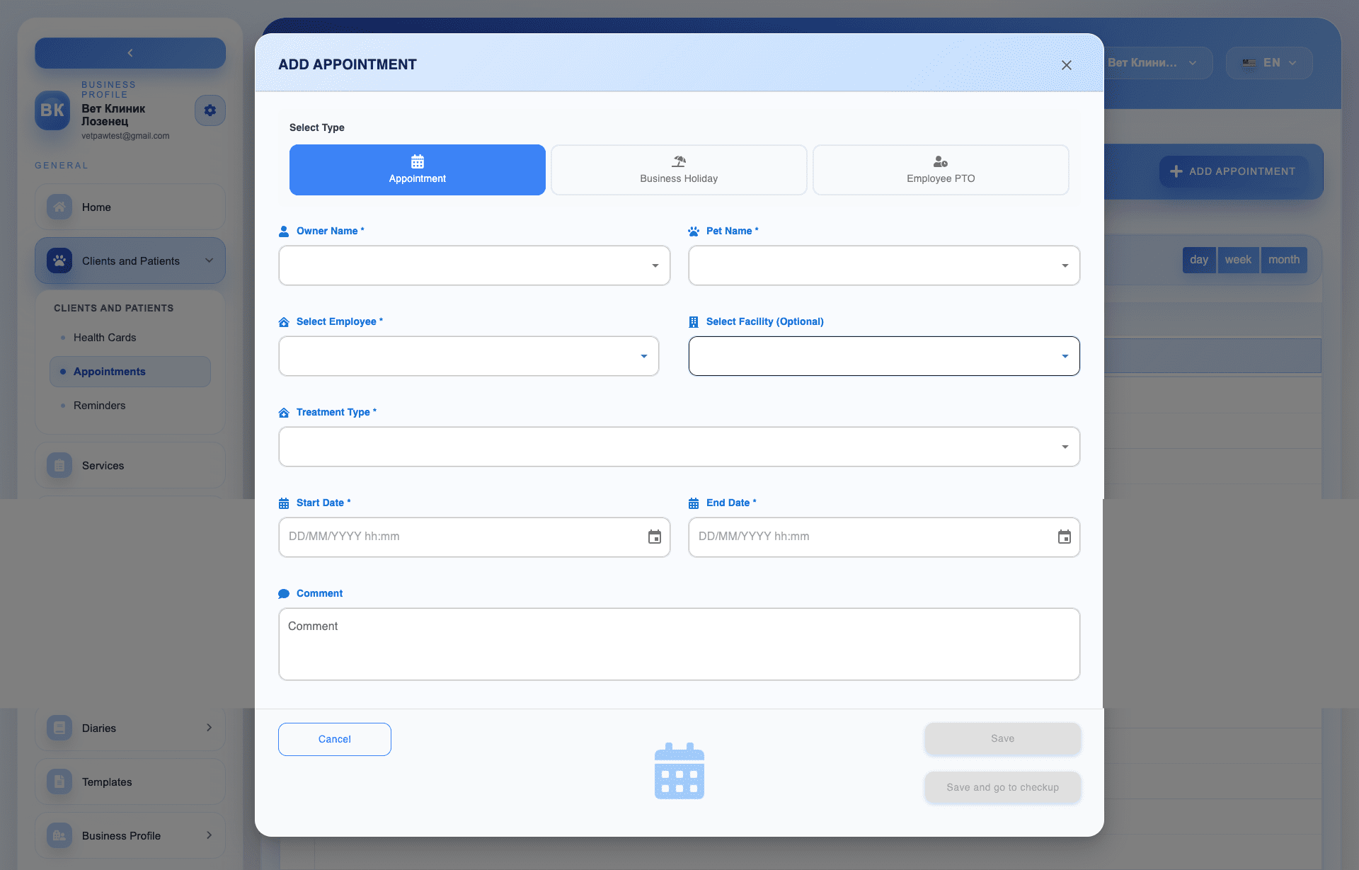 Add appointment modal window